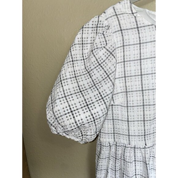 English Factory Dress White Gray Plaid Midi Tiered Cottage Lined - Picture 3 of 11